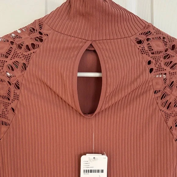 Free People Ribbed Top with Lace Sleeves in Terra Cotta - Picture 5 of 6